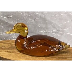 Fenton Glass Amber Gold Yellow Glass Mallard Duck Signed Vintage Art Glass